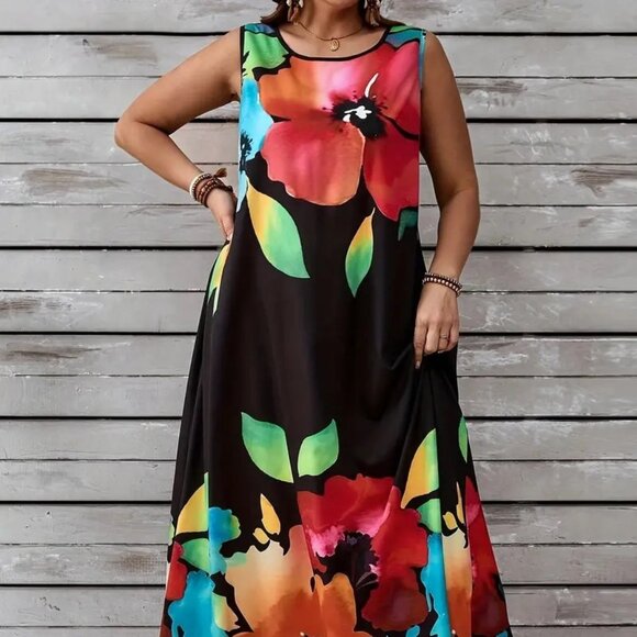 Women's Plus Size Floral Print Long Maxi Summer Holiday Beach Tank Dress 18W - Picture 3 of 6